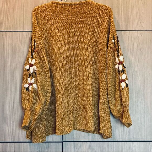 ALYA Cozy Sweater Cardigan Coat Mustard Embroidered  Large - Picture 4 of 5